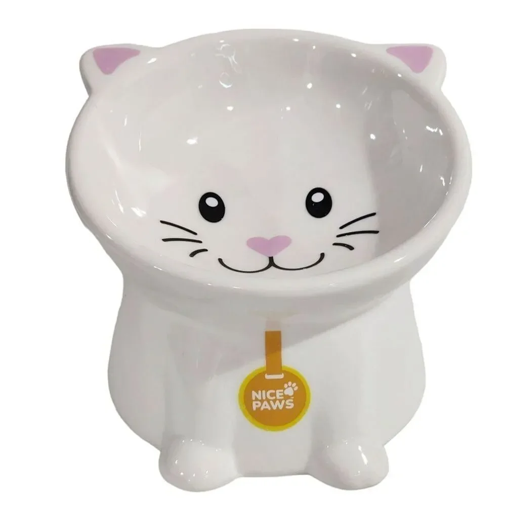 Nice Paws Ceramic Tilted And Elevated Kitty Cat Food Bowl White 4